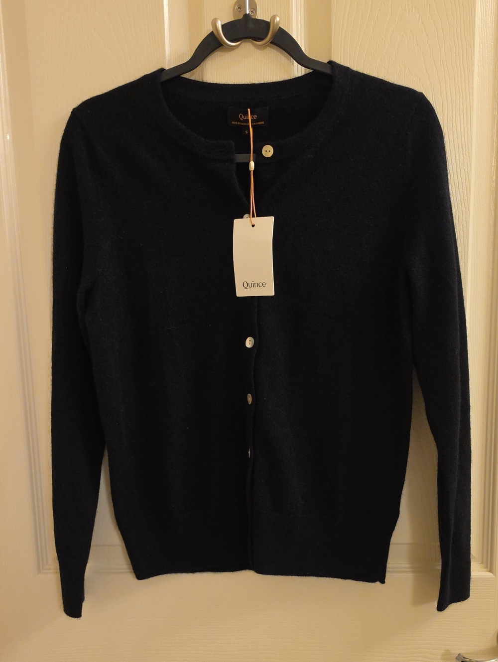 Quince Mongolian Cashmere Black Crewneck Button-Front Cardigan